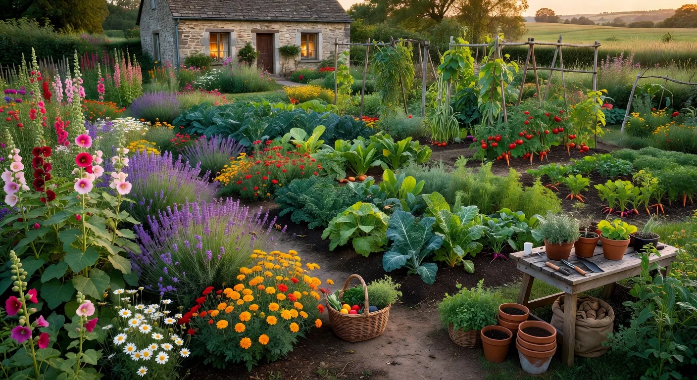 A farmhouse garden with seasonal produce
